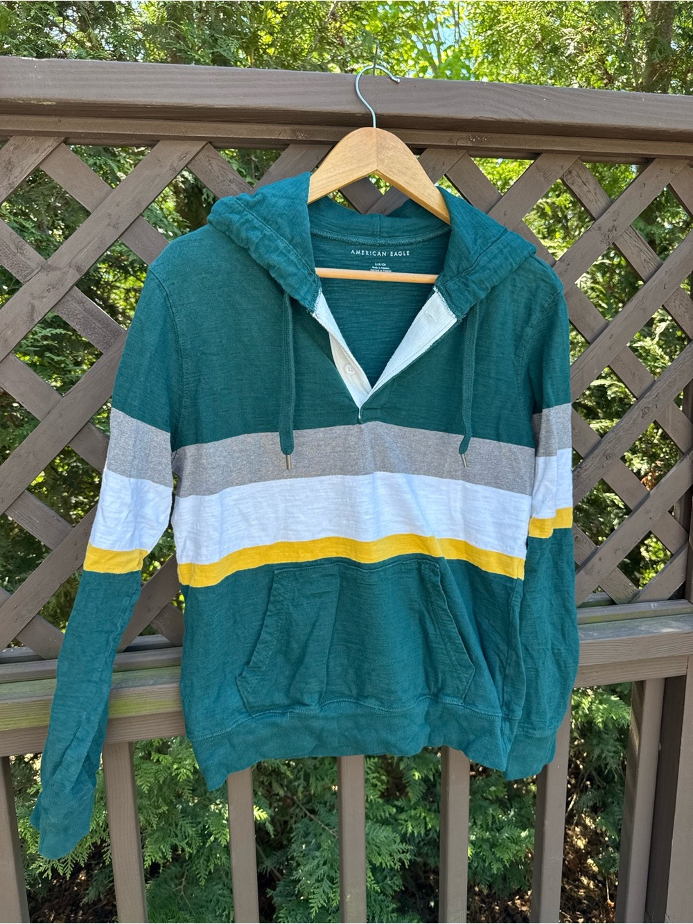 American Eagle Outfitters Teal Striped Zip Hoodie with Yellow Accent